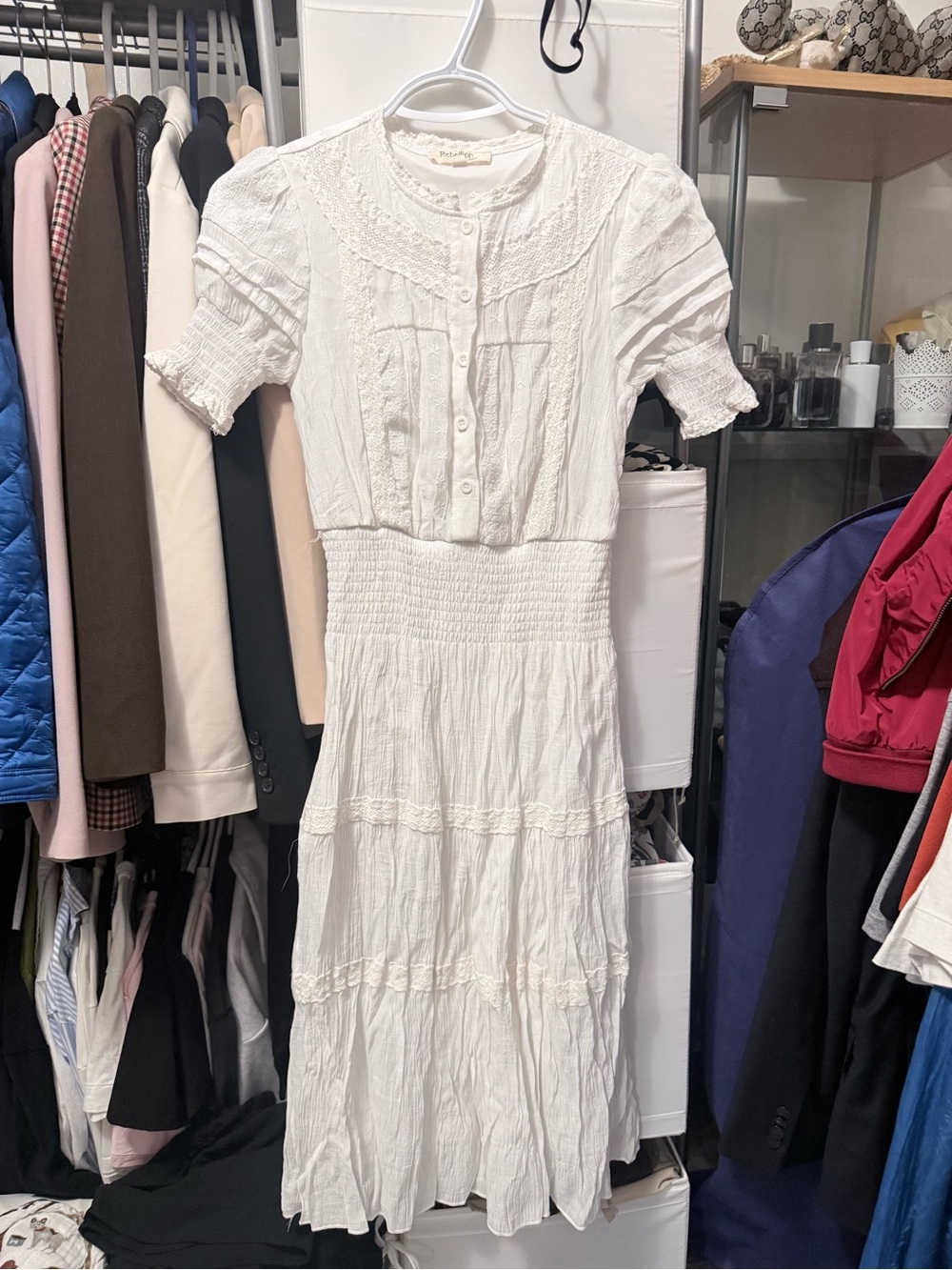 Rebellion White Smocked Midi Dress with Button Front and Puff Sleeves